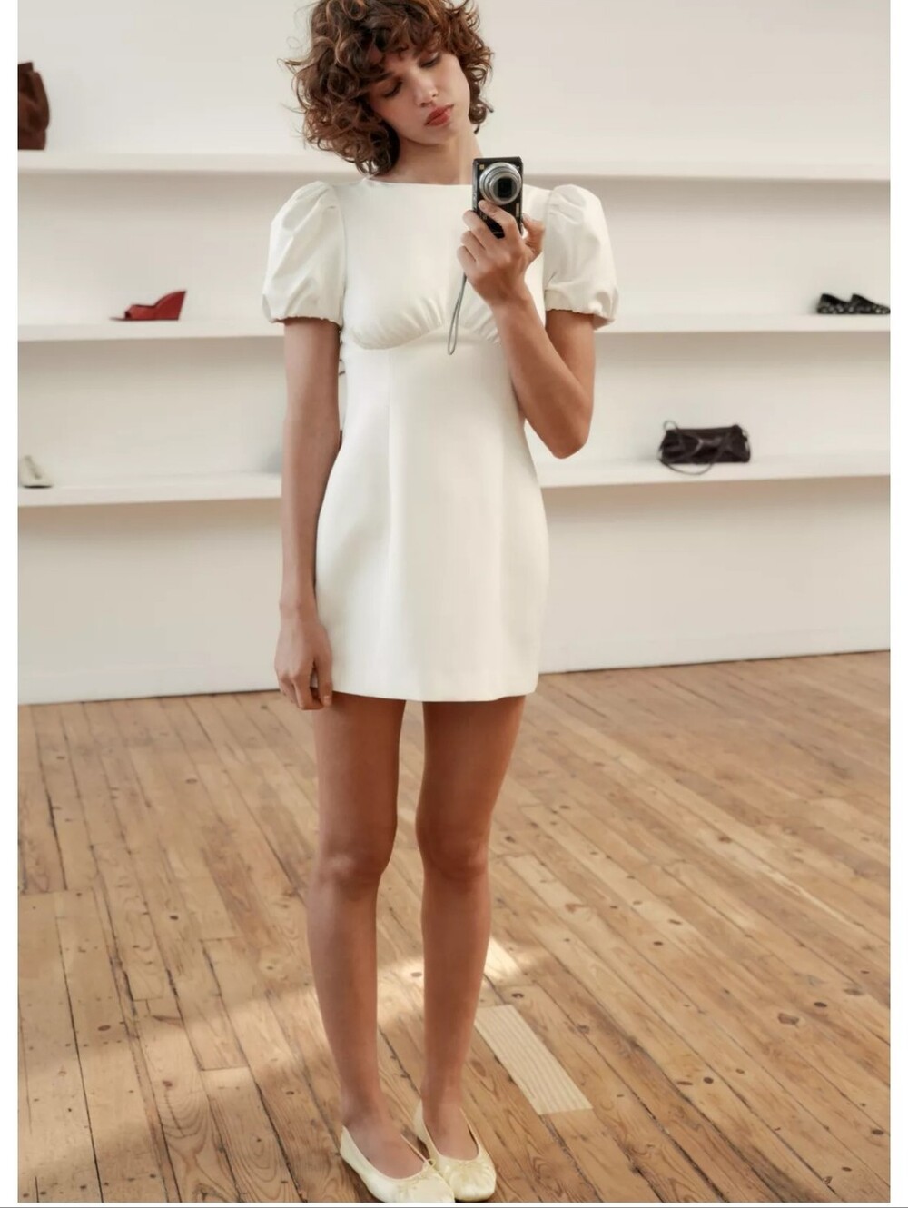 Zara Ivory Mini Dress with Puff Sleeves